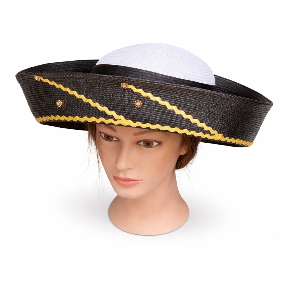 Vintage Italian Wide Brim Straw Hat Black Gold Trim Statement Sun Hat - Picture 2 of 16